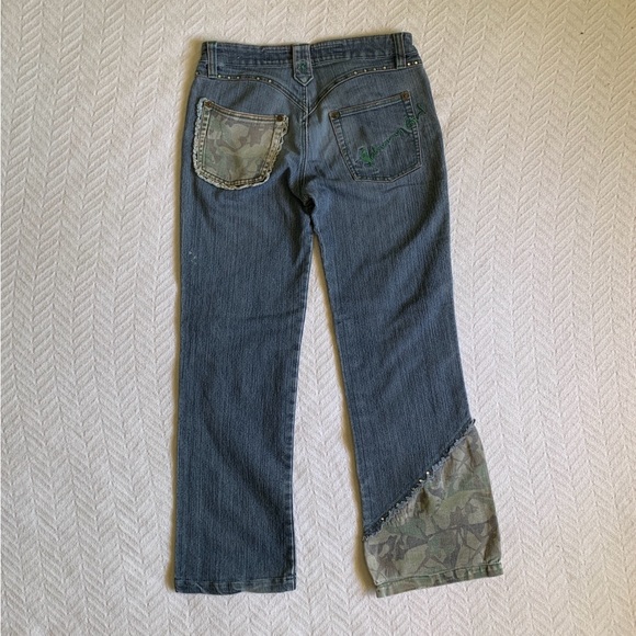 Y2K VTG Johnny Girl Womens 8/9 Denim Jeans Rhinestone Camo Distressed Streetwear - Picture 2 of 3